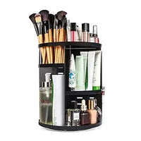 360° Rotating Makeup Organizer: Adjustable cosmetic storage box (23L x 23W x 30H) in black.